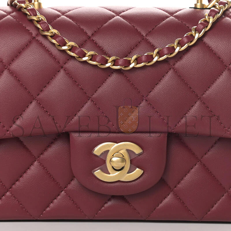 CHANEL LAMBSKIN QUILTED MINI TOP HANDLE RECTANGULAR FLAP BURGUNDY (20*12*6cm)